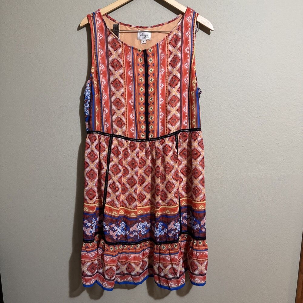 Beige by Eci Women Tribal Floral Orange Summer A-Line Sleeveless Dress Sz 16 NWT